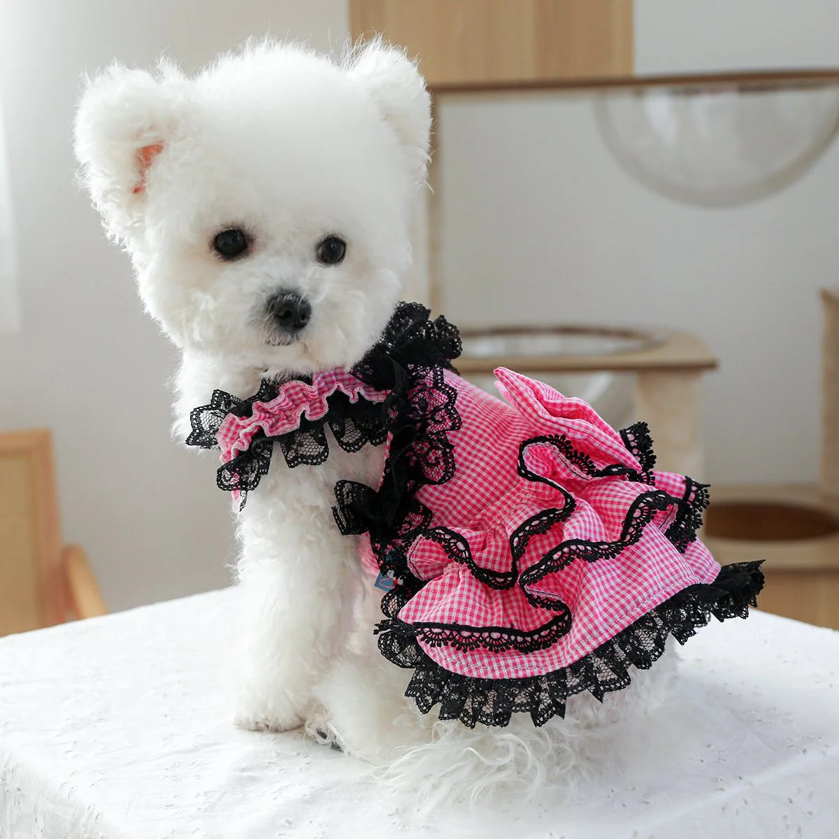 Pink Checkered Dog Dress with Floral Bow – Cute Outfit for Small & Medium Dogs