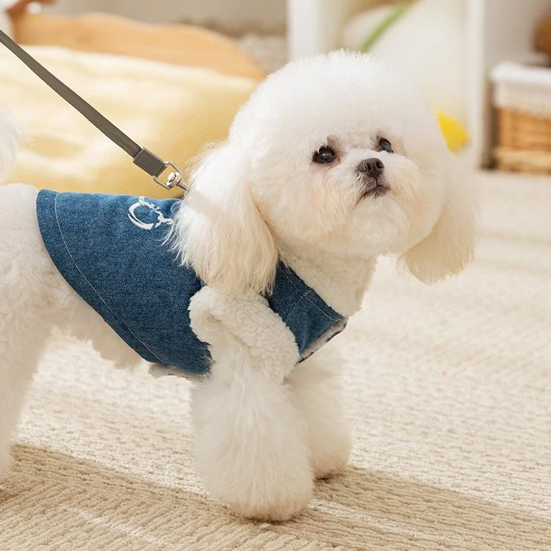 Cozy Denim Dog Jacket – Warm Cotton Pet Coat with Cute Bear Embroidery