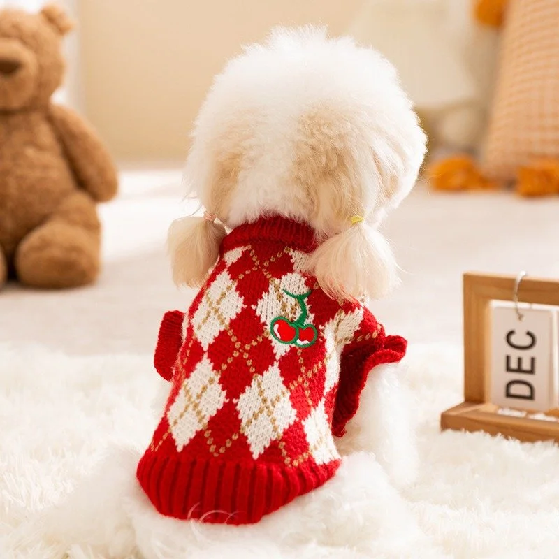 Red Plaid Wool Pet Sweater with Embroidered Cherry – Warm Dog Outfit