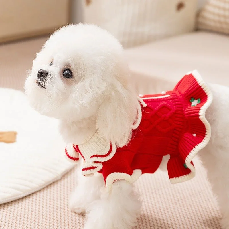 Princess Knitted Dog Dress with Embroidered Flowers