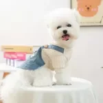 Leopard Print Knitted Pet Sweater Coat with Denim Dress for Small Dogs and Cats