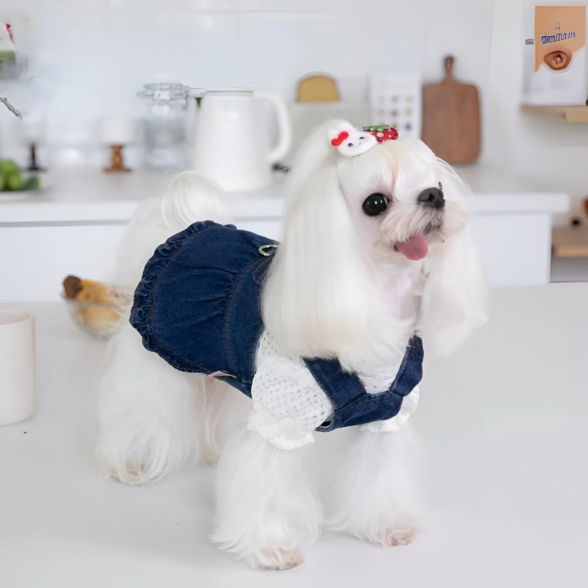 Cute Denim Pet Dress with Skirt and Harness Strap for Small Dogs & Cats