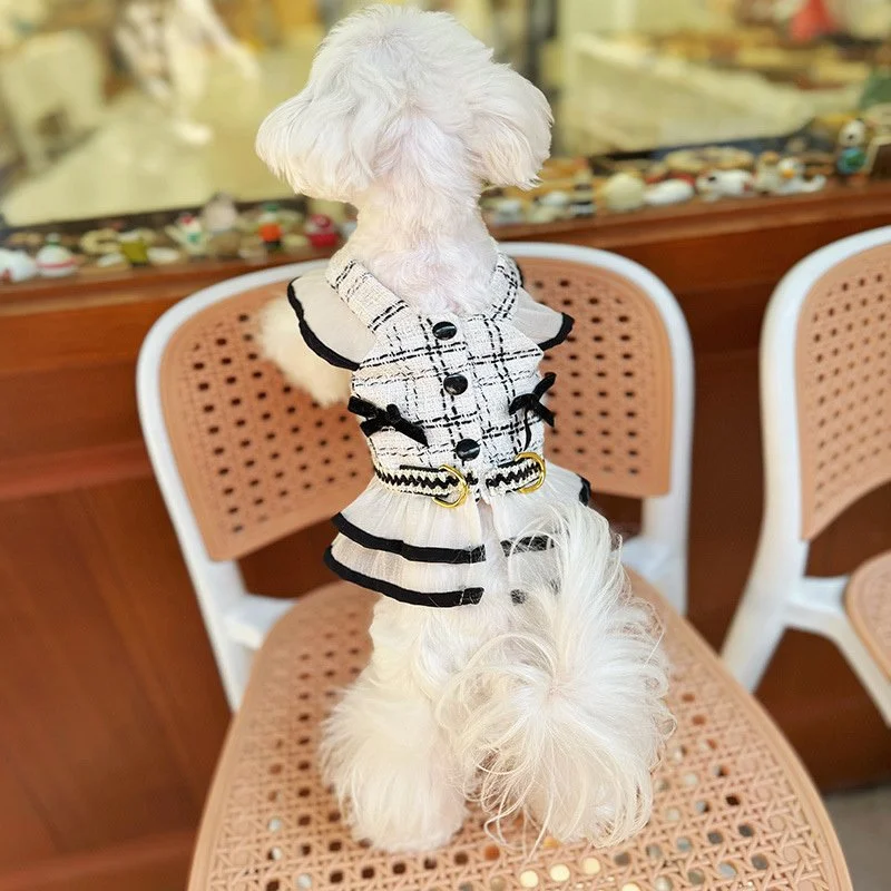 Checkered Pet Dress with Harness and Leash – Cute Dog & Cat Outfit