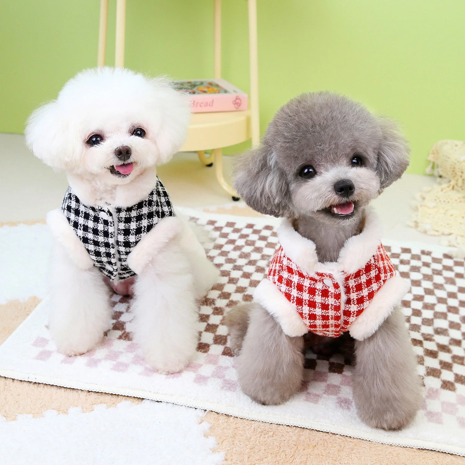 Plaid Dog Jacket with Fur Collar – Warm Puppy Vest Coat
