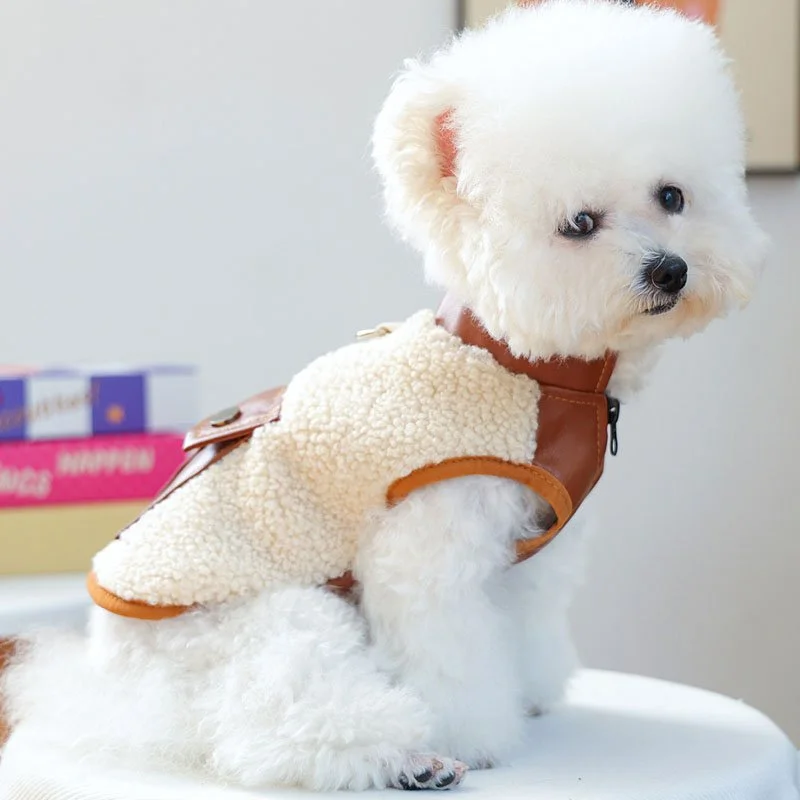 Luxury Dog Jacket with PU Pocket – Warm Sleeveless Coat for Small Dogs