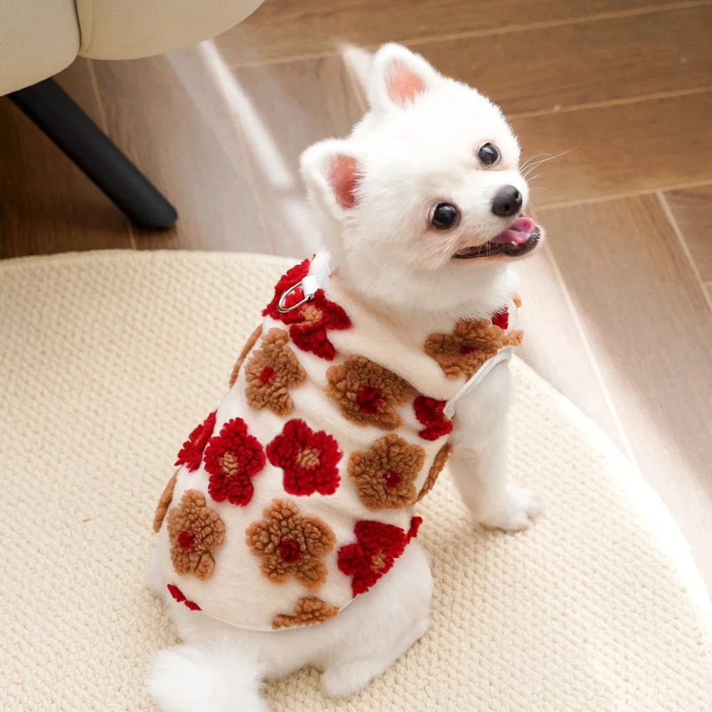 Winter Fleece Dog Vest Jacket with 3D Flower Design for Small Dogs