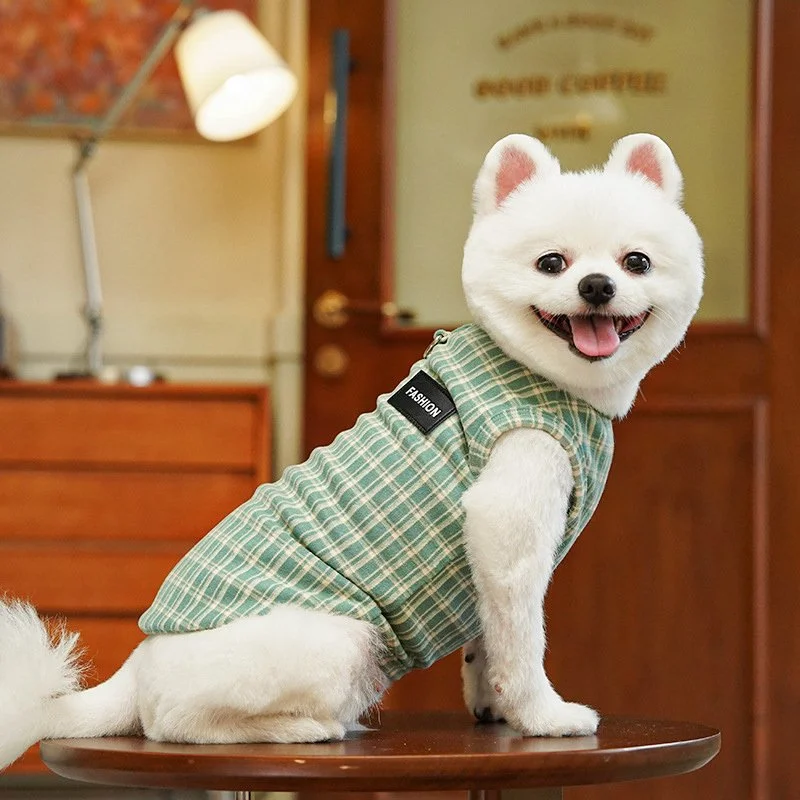 Plaid Dog Hoodie Shirt Retro Short Sleeve Costume for Small & Medium Dogs