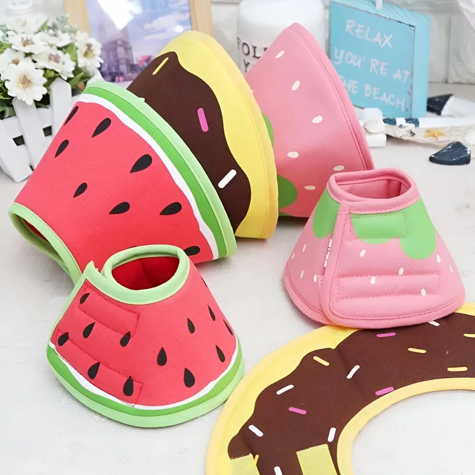 Cartoon Fruit Donut Dog Recovery Collar – Soft & Adjustable Elizabethan Cone