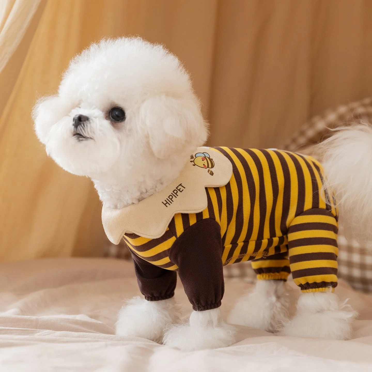 Bee Print Dog Winter Jumpsuit – Warm Four-Legged Pajamas for Small Dogs