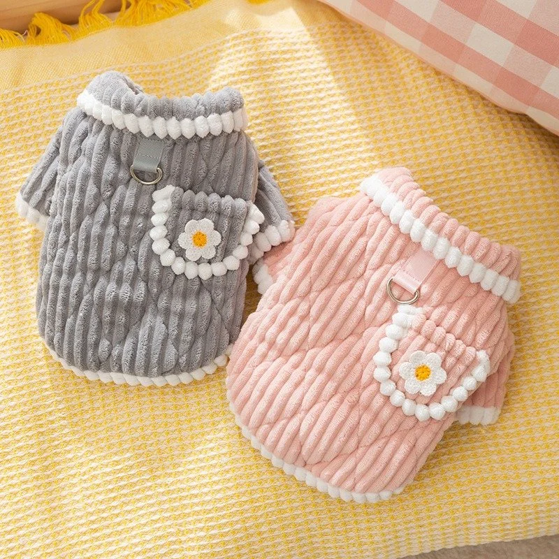 Winter Corduroy Pet Coat for Small & Medium Pets - Floral Pocket Warm Outfit