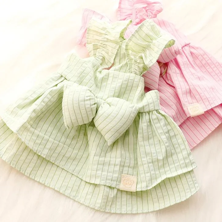 Spring Cotton Dog Dress with Stripes & Bow for Small Dogs