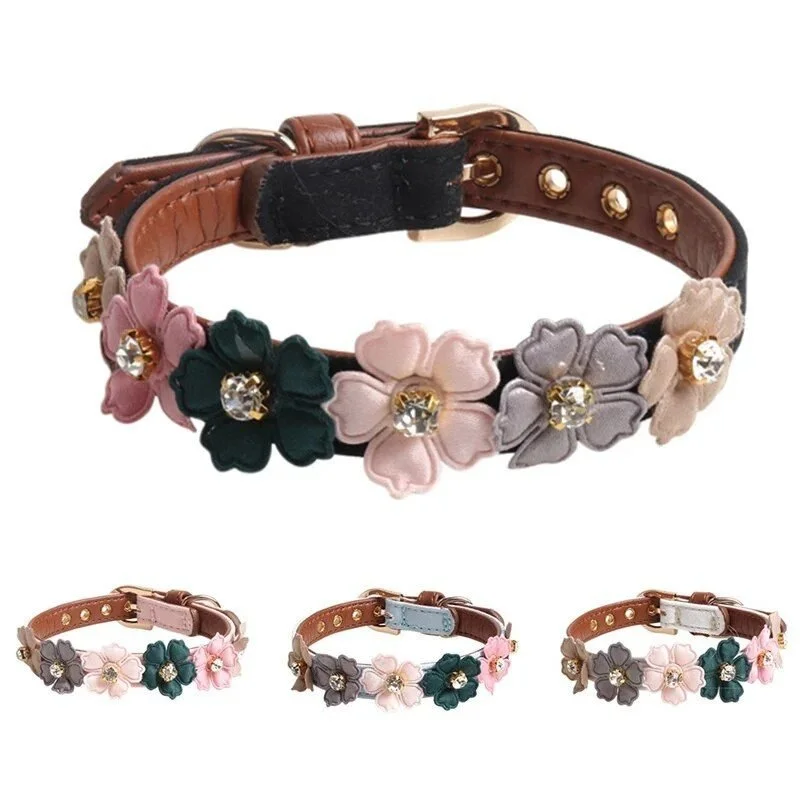 Adjustable Diamond Flower Leather Dog Collar