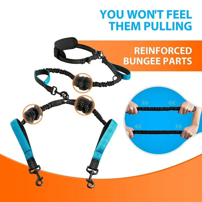 Strong Hands-Free Reflective Double Dog Leash with Padded Handles
