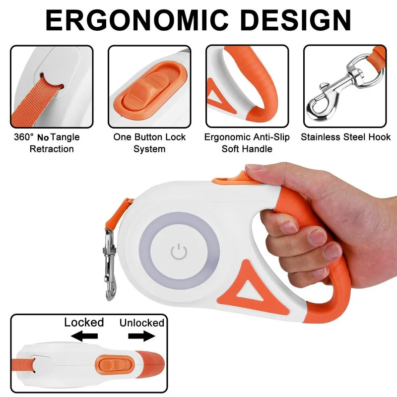 LED Retractable Dog Leash 16ft Heavy Duty No-Tangle Leash for All Breeds