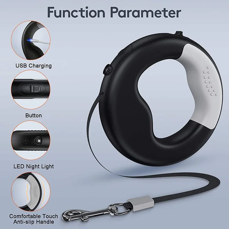 Durable LED Retractable Dog Leash with USB Rechargeable Light & Ergonomic Handle
