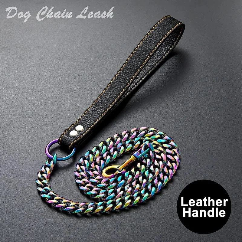 Thick Gold Chain Dog Leash with Leather Padded Handle