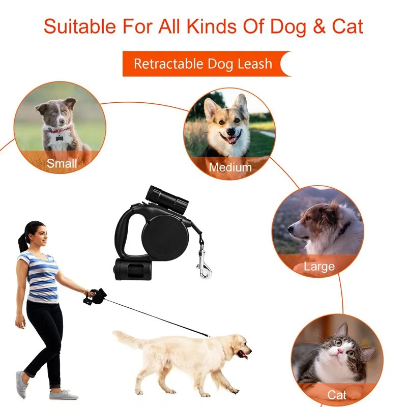 Retractable Dog Leash with Flashlight & Poop Bag Holder