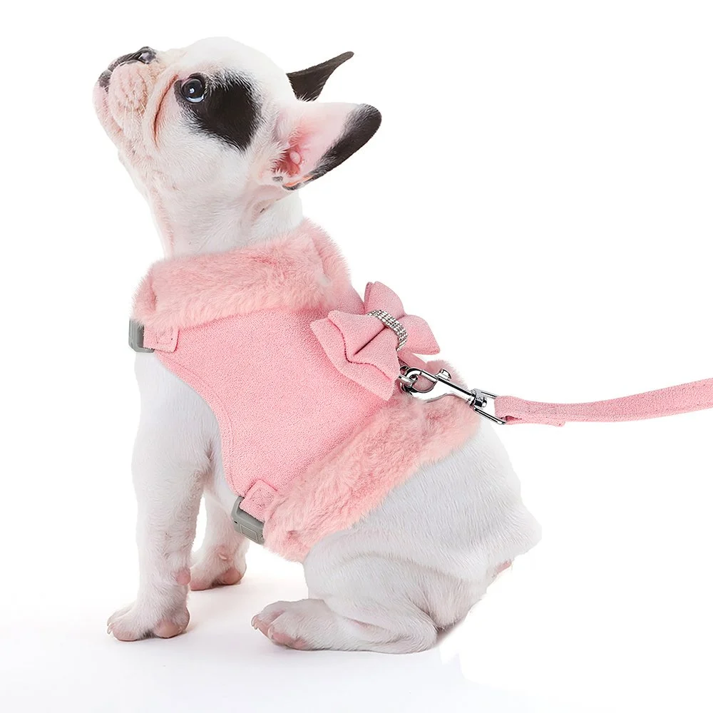 Warm Fur Harness and Leash Set with Rhinestone Bow for Small Dogs and Puppies