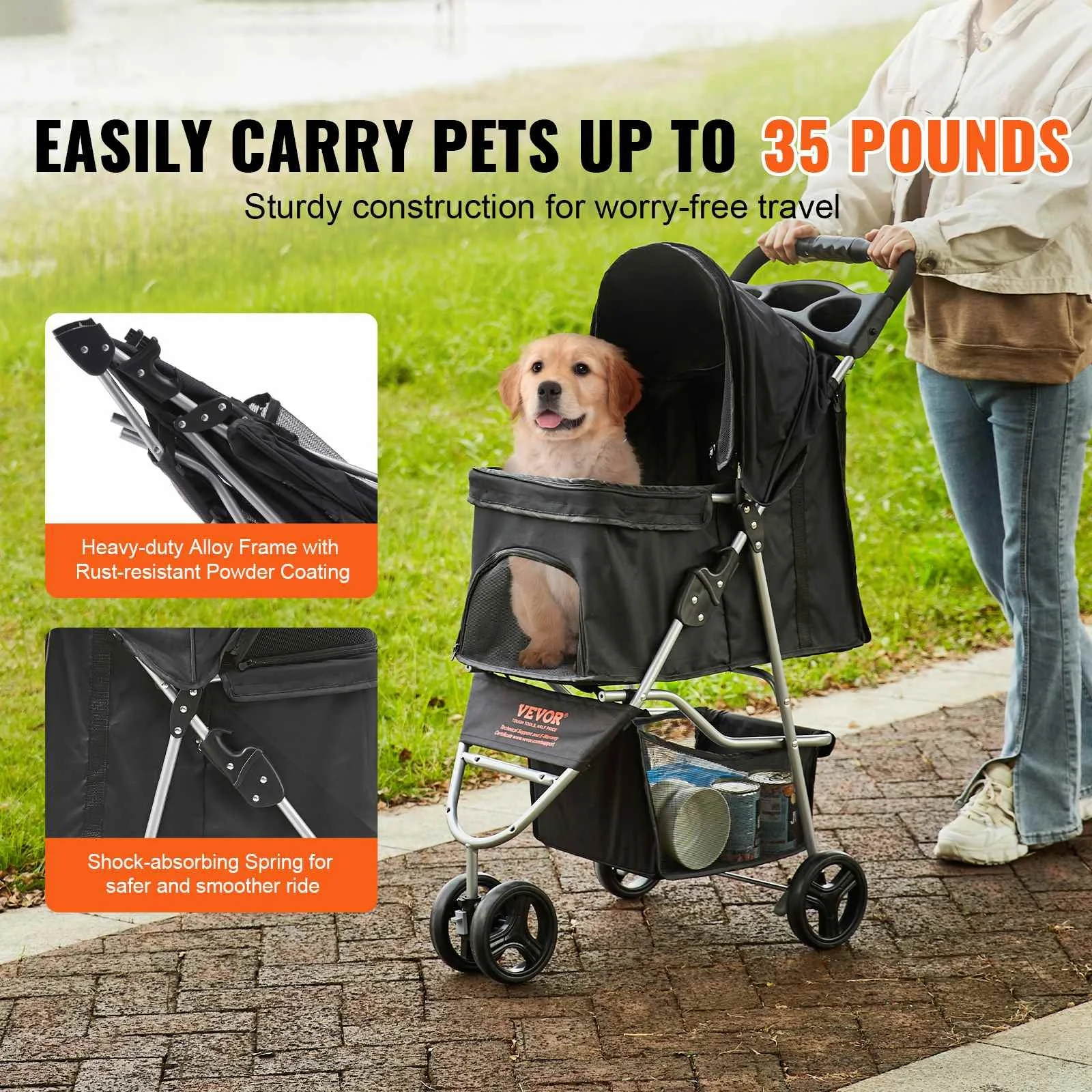 3-Wheel Pet Stroller for Dogs & Cats with Front Pedal, Basket & Cup Holder - 35lb Capacity