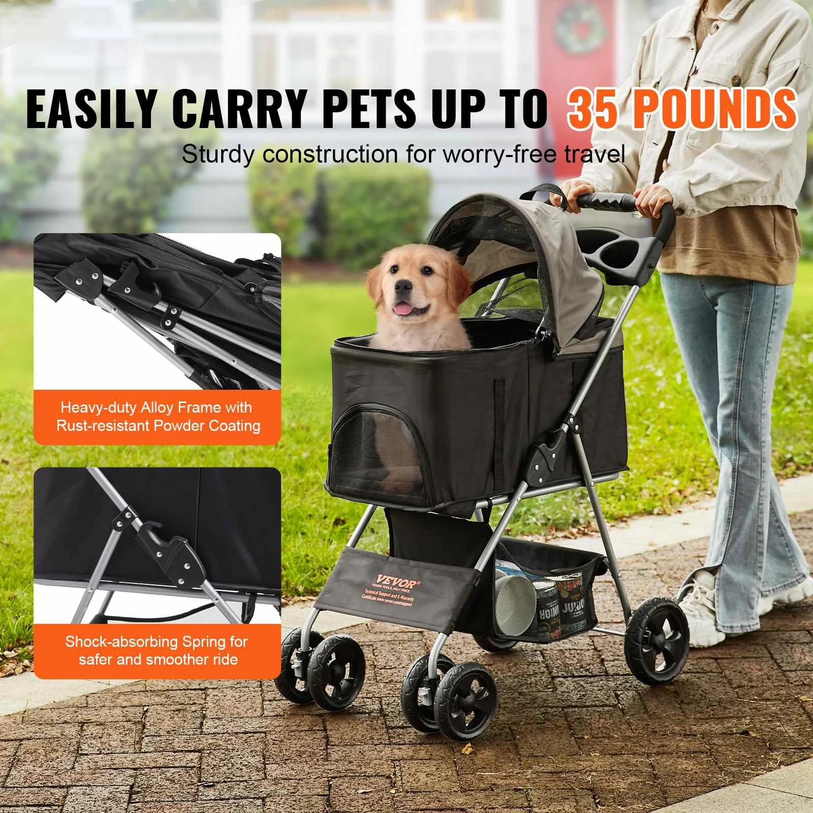 35lbs 4-Wheel Pet Stroller for Dogs & Cats with Storage Basket & Cup Holder