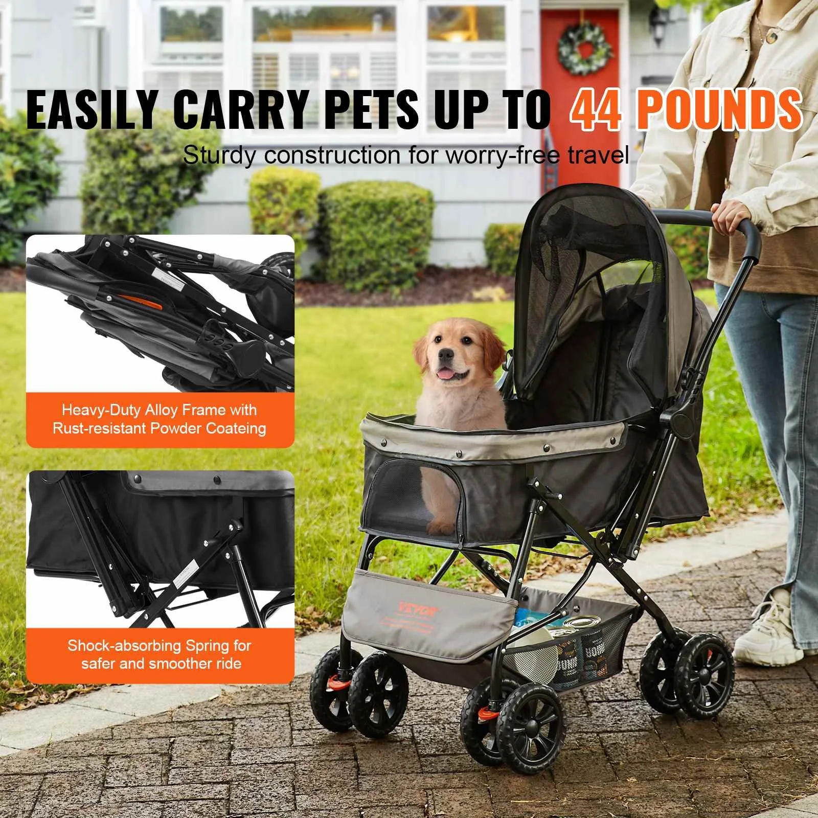 4-Wheel Pet Stroller for Dogs & Cats with Reversible Handle, Storage Basket, and Brakes