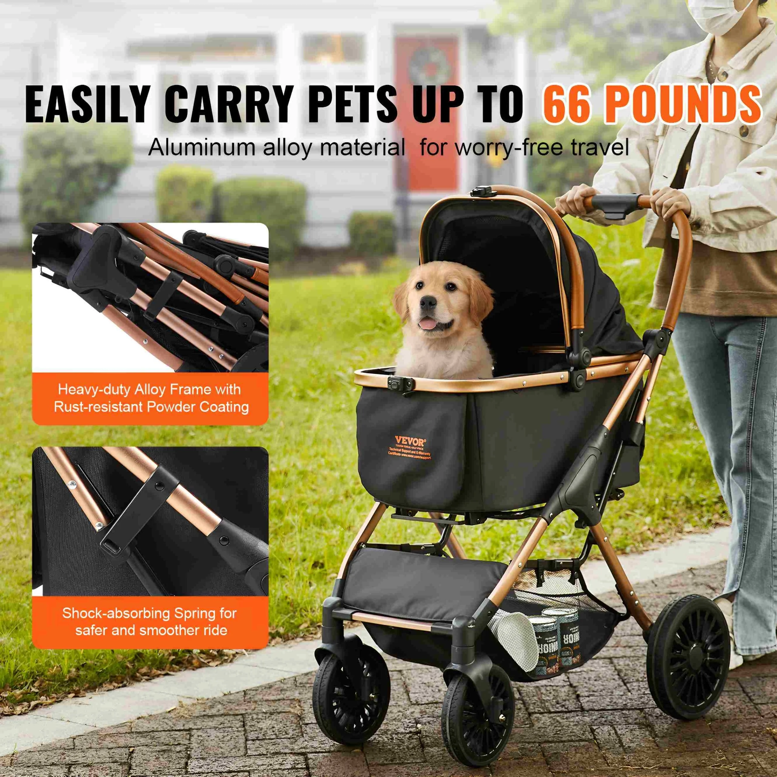 Foldable Pet Stroller for Small to Medium Dogs with Detachable Carrier and Storage Basket