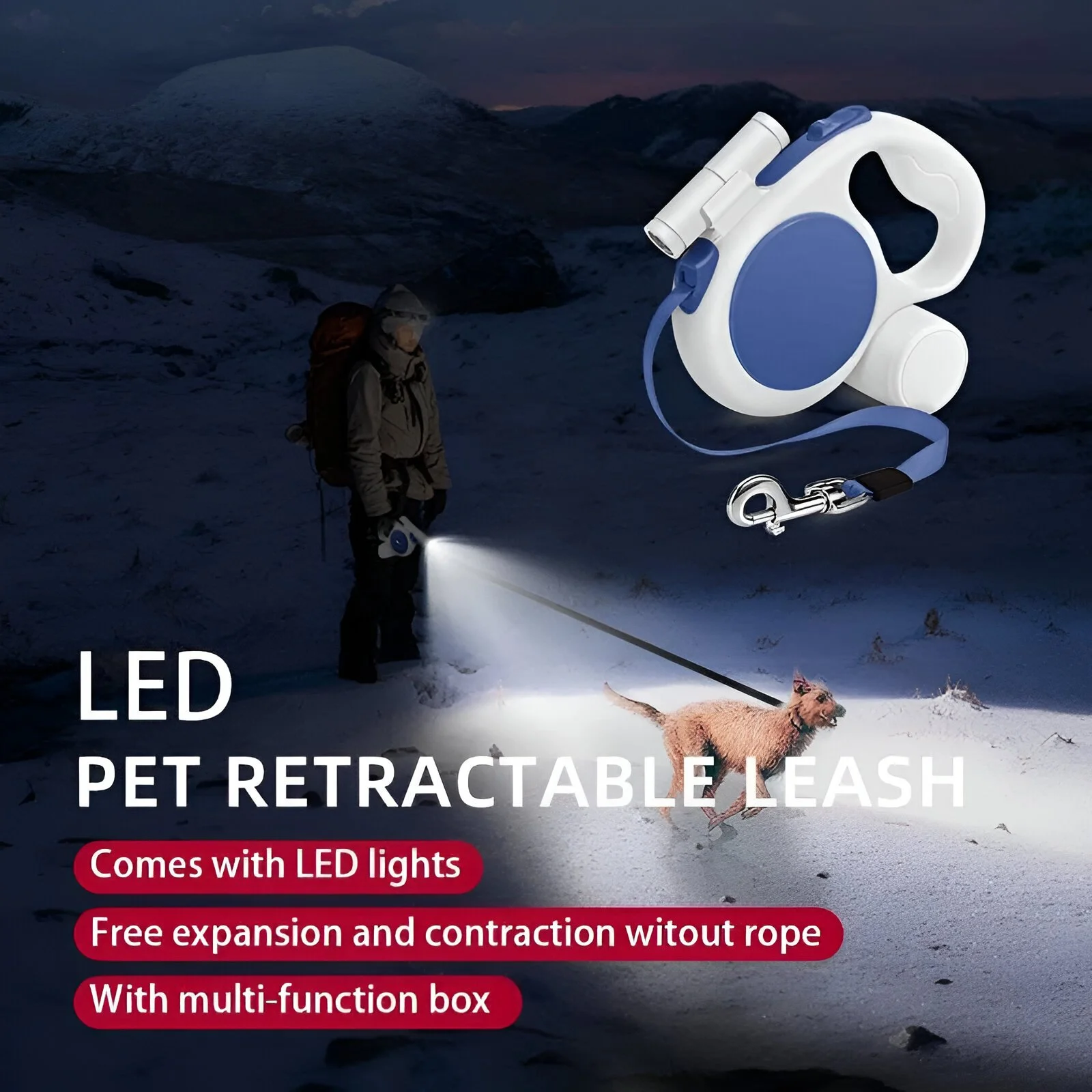 3-in-1 Retractable Dog Leash with LED Light & Poop Bag Holder