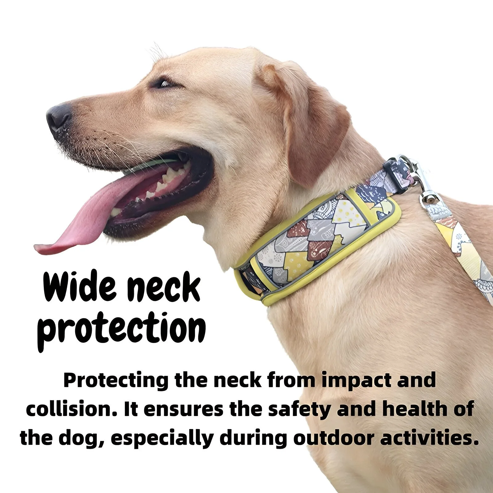 Wide Neck Breathable Dog Collar with Dual D-Rings & Reflective Strip