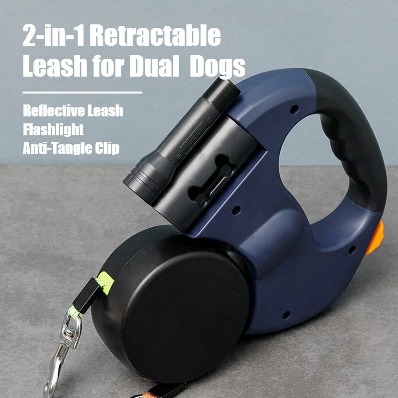 2-in-1 Retractable Dual Dog Leash with Harness, Flashlight & Tangle-Free Clip