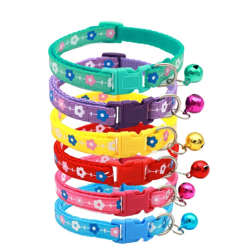 Floral Print Leather Cat & Small Dog Collar with Bell and U-Shaped Buckle