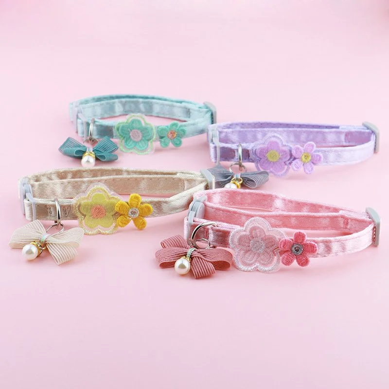 Adjustable Lace Bow Cat & Puppy Collar with Pearl & Flower Decoration