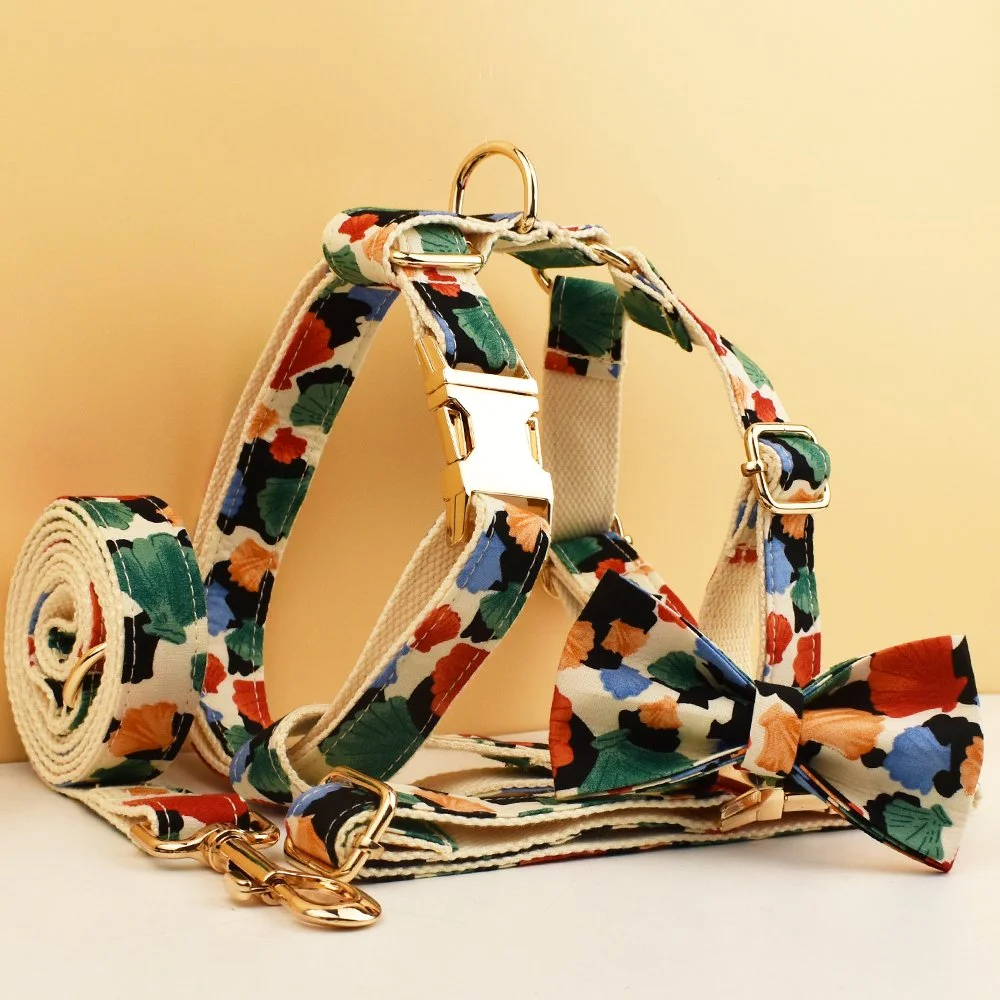 Luxury Dog Collar Leash Harness Set with Bow Tie