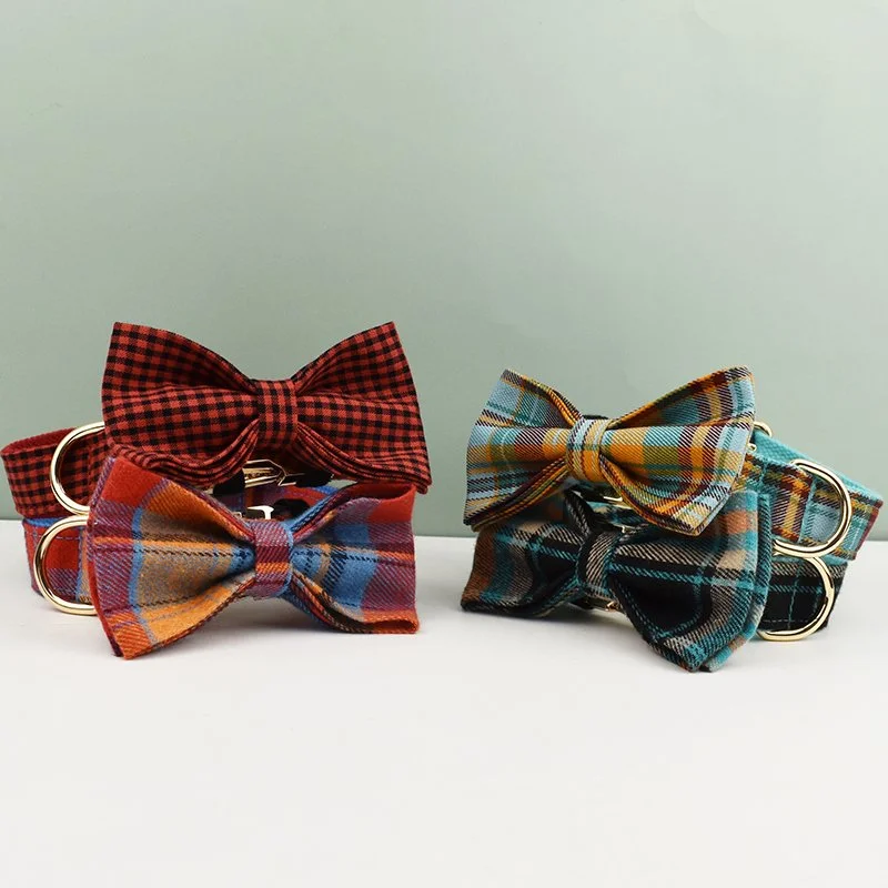Plaid Dog Collar with Bow Tie & Matching Leash Set