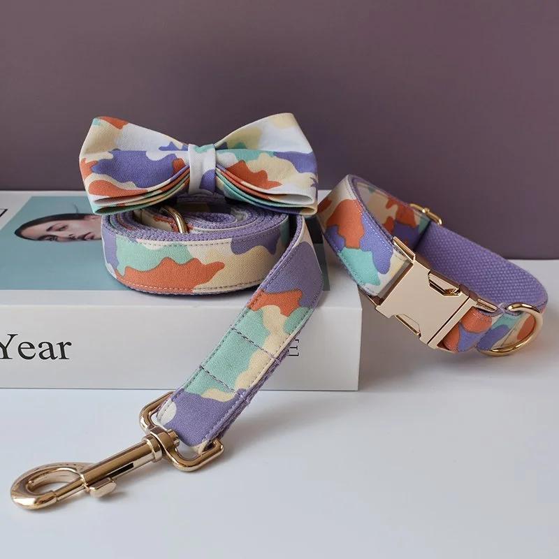 Camouflage Dog Collar with Bow Tie and Matching Leash Set