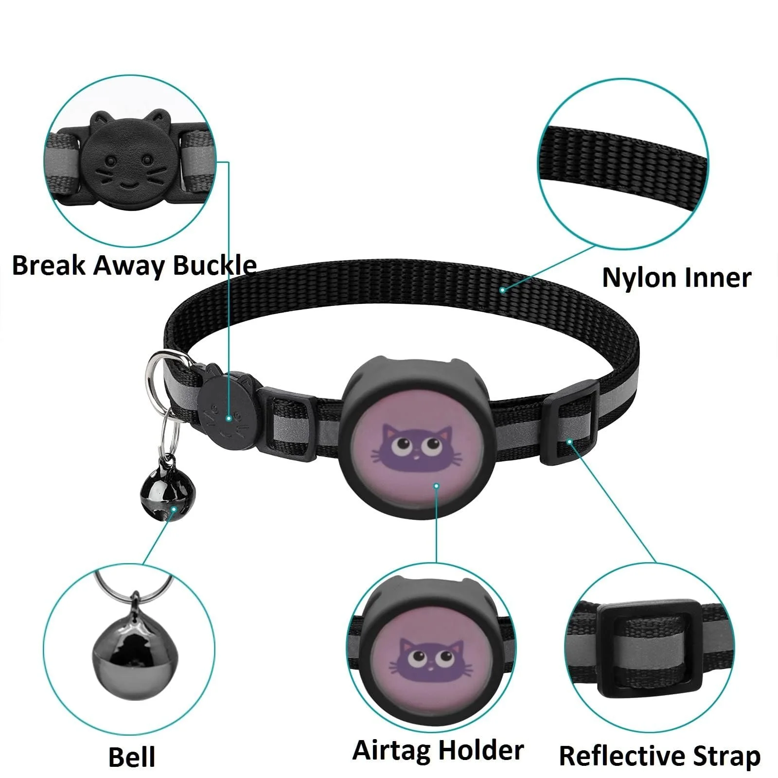 Reflective Cat Collar with Airtag Holder & Bell