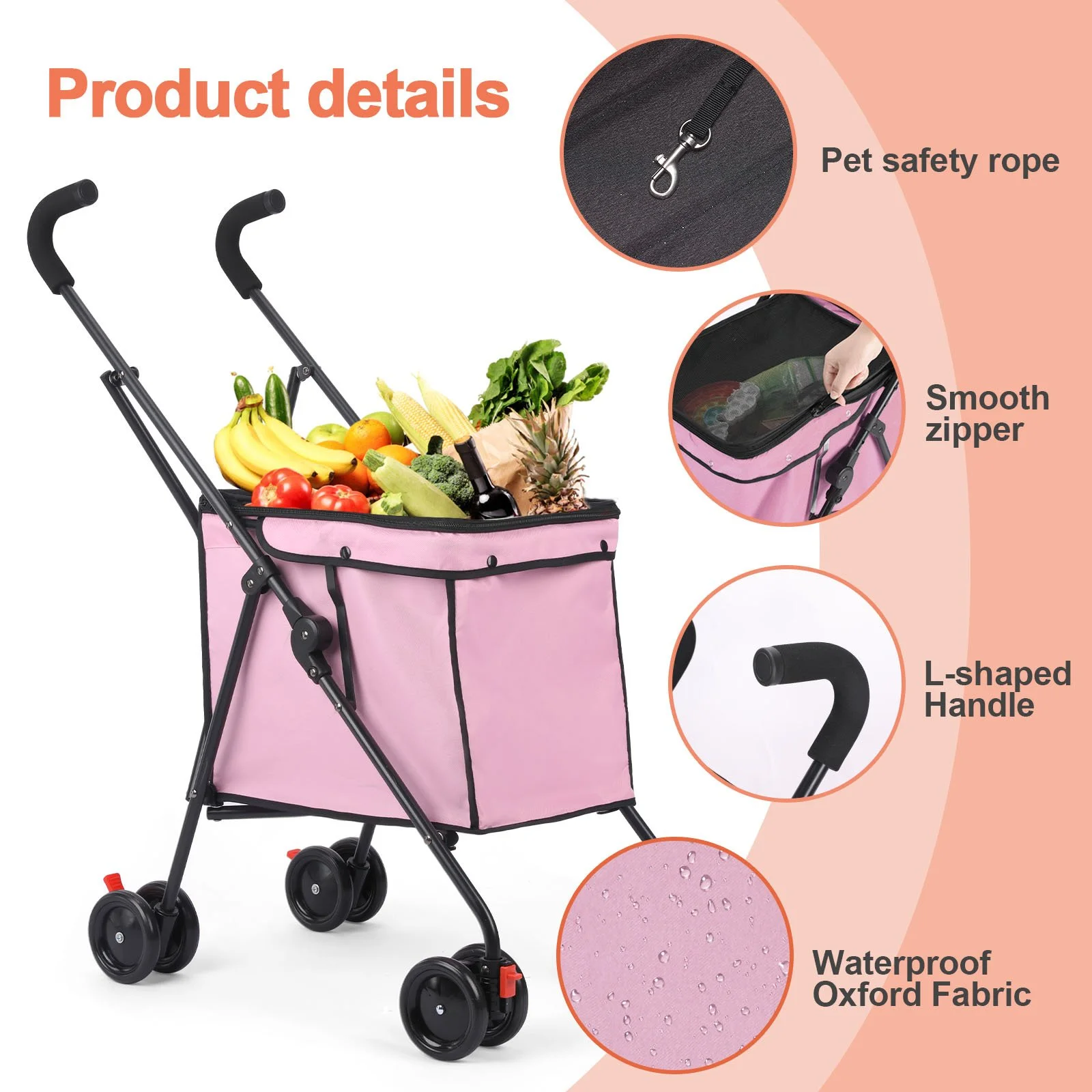 33lbs Pet Stroller with 4 Rotating Wheels – Foldable Pink Dog & Cat Travel Cart