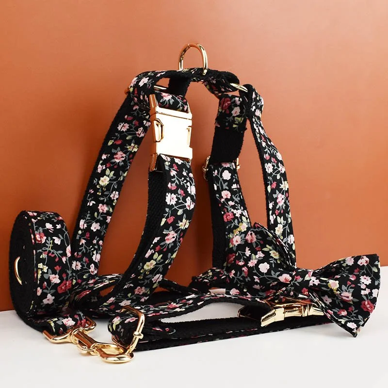 Luxury Floral Dog Collar Leash Harness Bow Set