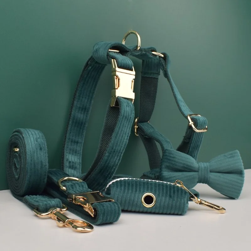 Dark Green Corduroy Dog Collar and Leash Set