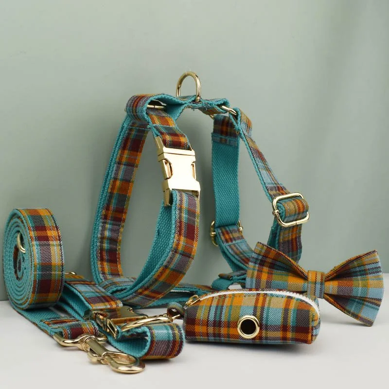 Cotton Dog Collar Leash Harness & Bow Set