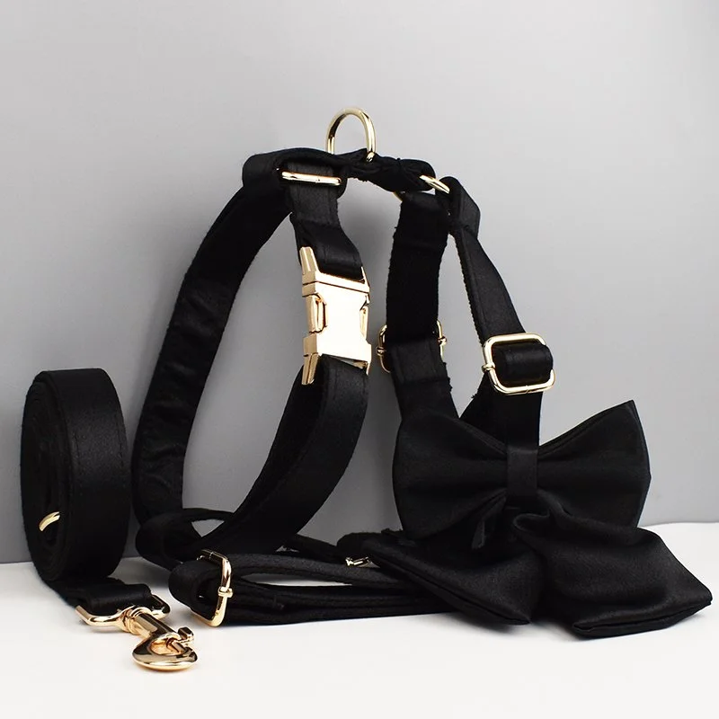 Luxury Silky Polyester Dog Collar Leash Harness Bow Set with Designer Logo