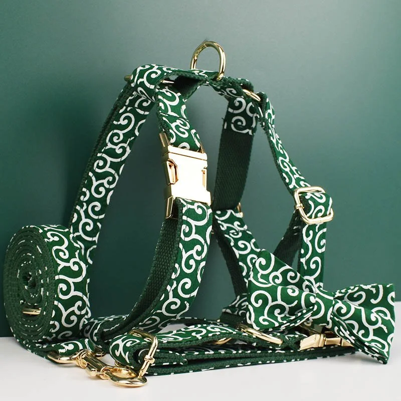 Green Cotton Dog Collar Leash Harness Set with Metal Hardware