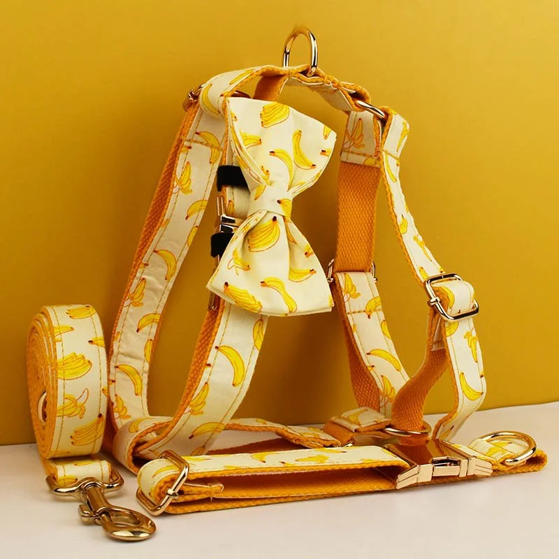 Banana Print Dog Collar Leash Harness Set with Bow – Soft Cotton Pet Accessories