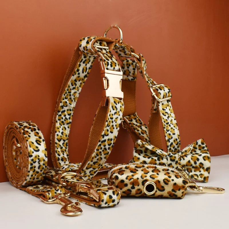 Leopard Print Cotton Dog Collar Leash Harness Set
