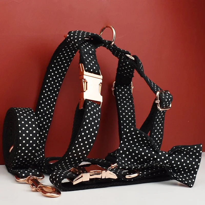 Pink Dot Pet Collar Leash Harness Bow Set