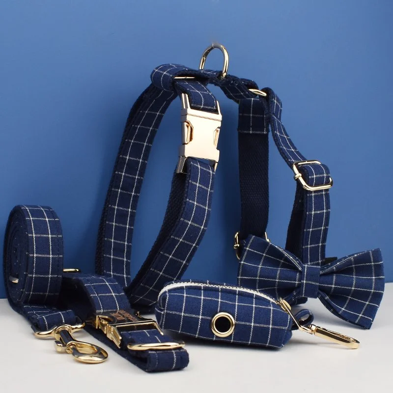 Dark Blue Check Dog Collar, Leash, Harness & Bow Set