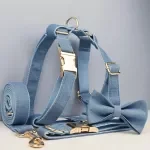Blue Denim Dog Collar, Leash, Harness & Bow Set