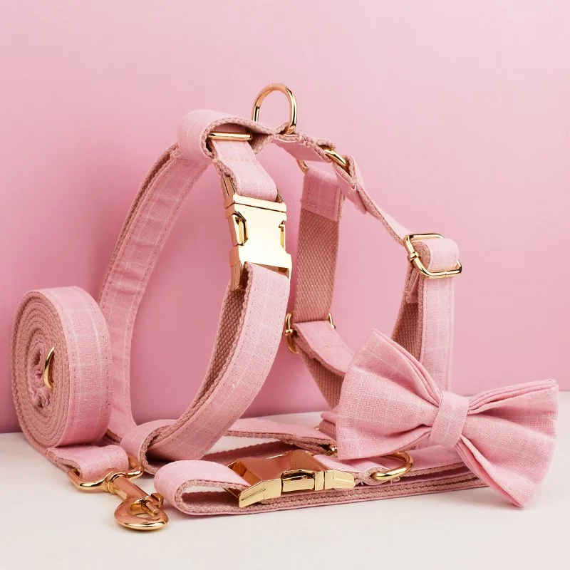 Pink Plaid Dog Collar Harness Leash Set