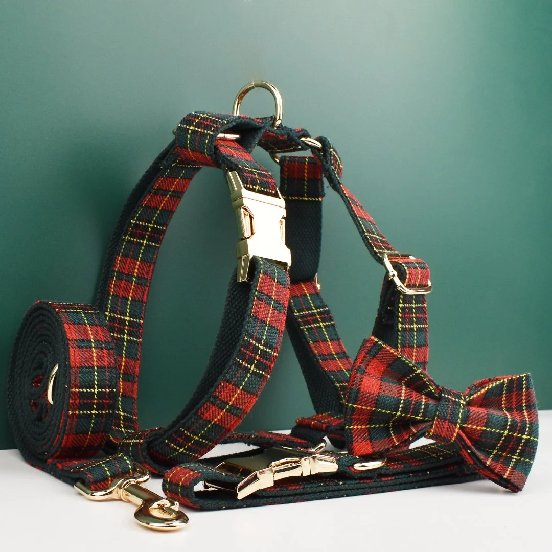 Luxury Dog Collar Leash Harness Set with Bow Tie