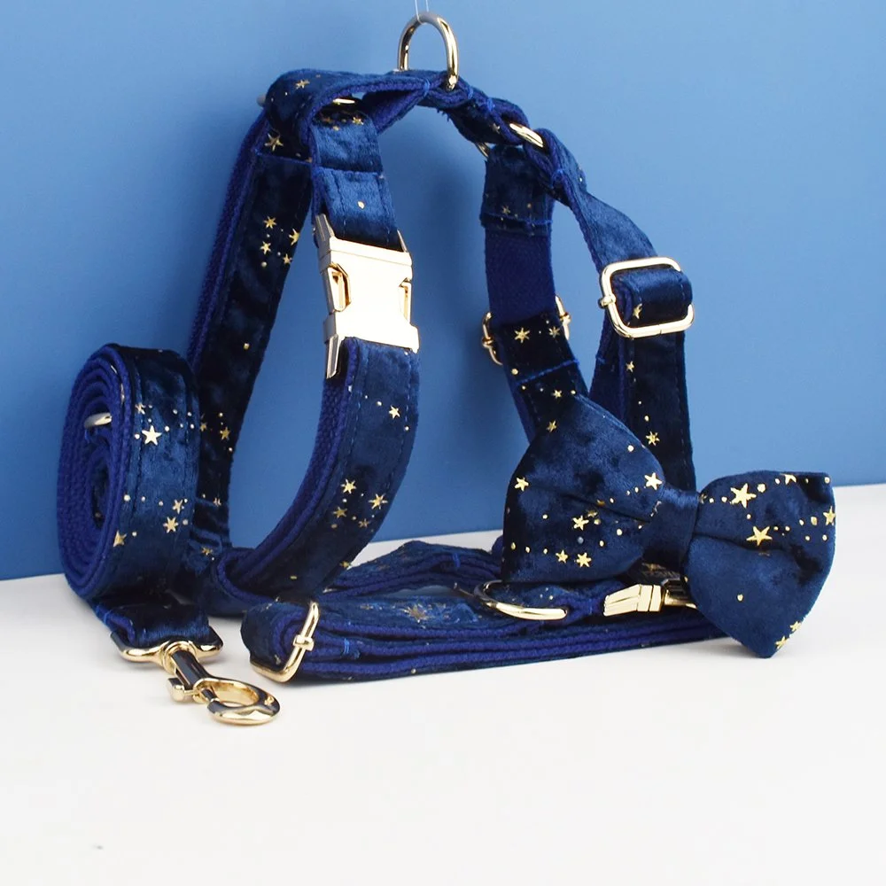 Luxury Black Floral Dog Collar, Leash, Harness & Bow Set
