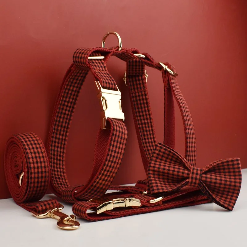 Gray Lattice Cotton Dog Collar Leash Harness Set